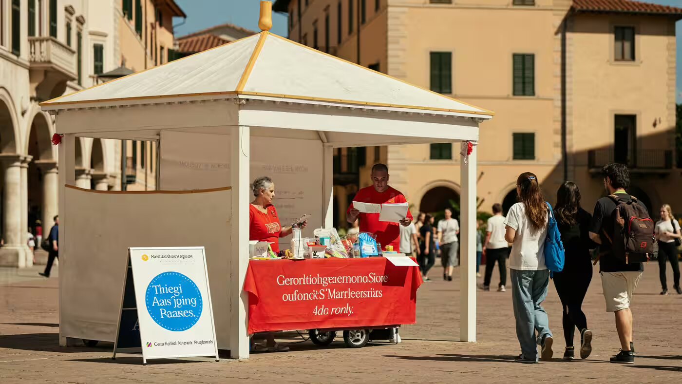 Volontari a un banchetto informativo in una piazza italiana